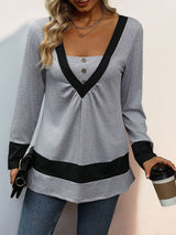 Solid Color Long Sleeve Color Matching T-shirt