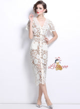 Lace Short Sleeve Lapel Slim Dress