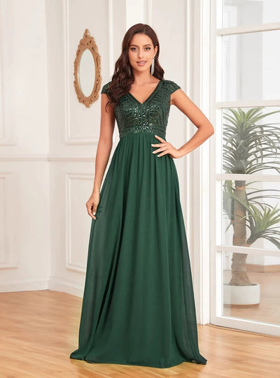 Green Chiffon Sequins V-neck Prom Dress