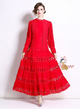 Round Neck Lantern Sleeve Long Lace Dress