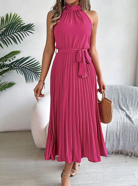 Sleeveless Silm Waist Pleated Long Dress