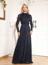 Navy Blue Sequins Long Sleeve Prom Dress