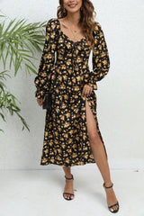 Printed Long-sleeved Split Dress