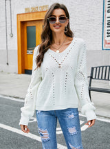 Solid Color Long Sleeve V-neck Sweater