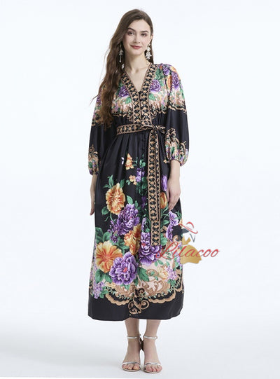 Palace Style V-neck Lantern Sleeve Printed Long-sleeved Dress