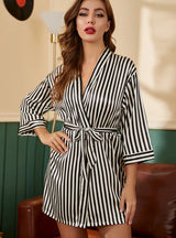 Black Striped V-neck Ladies Nightgown