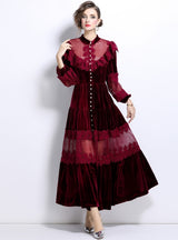 Lace Ruffled Pearl Buckle Velvet Big Swing Dress