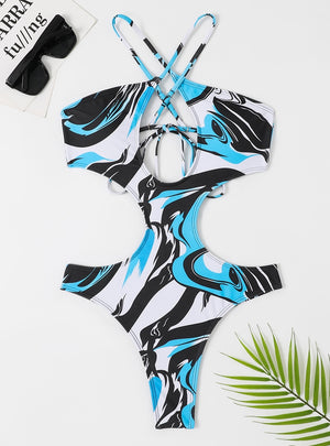 One-piece Triangular Printed Lace Up Bikini