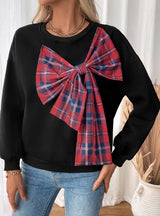 Crew Neck Plaid Stitching Bow Thick Top