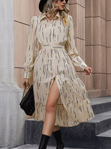 Long Sleeve Button-down Printed Lapel Shirt Dress