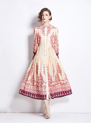 Retro Lantern Sleeve Printed Long Sleeve Dress