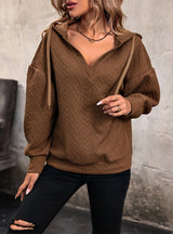 V-neck Loose Drawstring Hooded Pullover Top