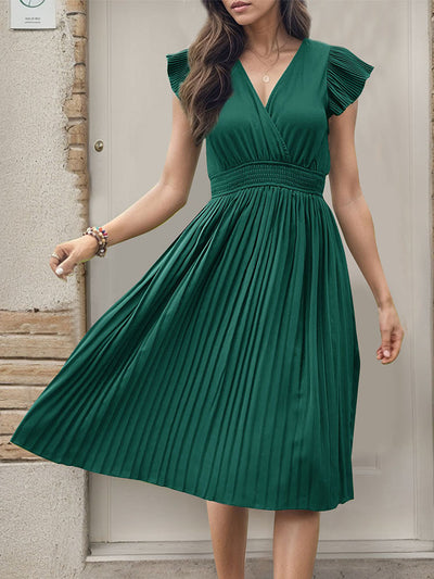 V-neck High Waist Pleated Dress