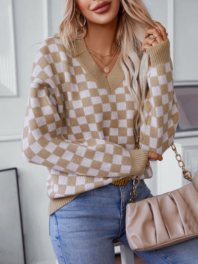 V-neck Pullover Plaid Loose Long Sleeve Sweater