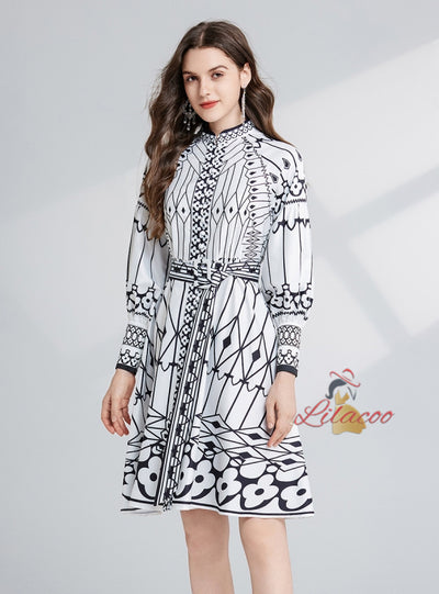 Retro Black and White Printed Stand-up Dress