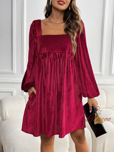 Velvet Square Ccollar Backless Long Sleeve Dress