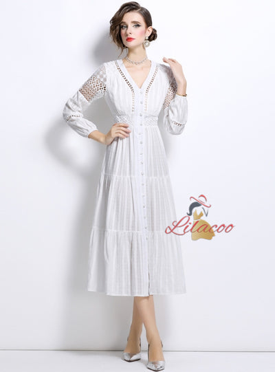 V-neck Lantern Sleeve Lace Embroidered Dress