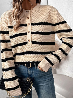 Women Striped Contrast Button Sweater