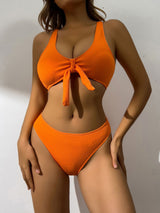 Split Pit Solid Color Openwork Bikini