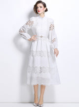 Slim-fit Stitching Lace Dress with Pearl Belt