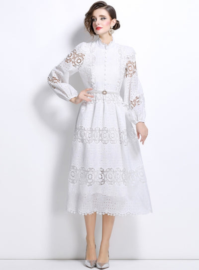 Slim-fit Stitching Lace Dress with Pearl Belt