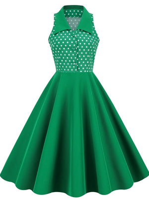 Lapel Sleeveless Polka Dot Green Retro Dress