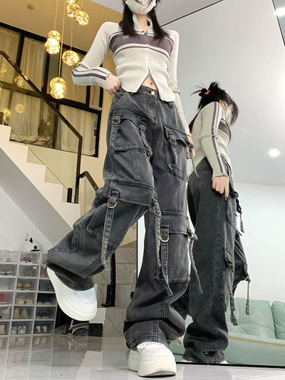 Retro High Waist Loose Straight Pocket Jeans