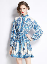 Retro Printed Long Sleeve Stand-up Slim Dress