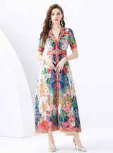 Short-sleeved Printed Long Dress