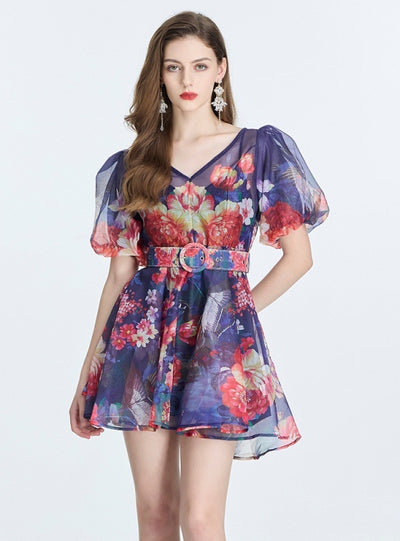 Retro Print Mini Bubble Sleeve Dress