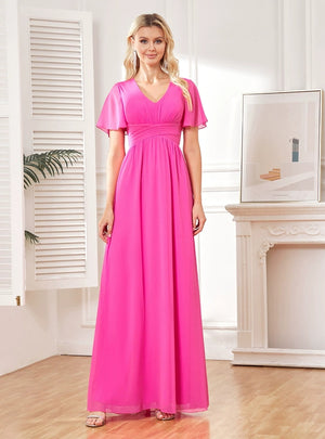 Fuchsia Chiffon V-neck Pleats Prom Dress