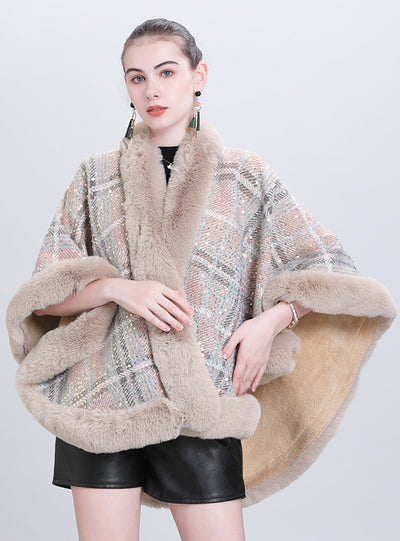 Sequined Fur Collar Plaid Cape Shawl