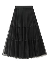 High Waist Pleated Beaded Gauze Skirt On both Sides