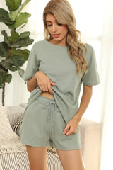 Short Sleeve Solid Color Casual Waffle Two-piece Suit