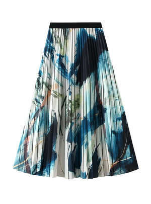 Pleated Chiffon Gradient Smudge Print Skirt