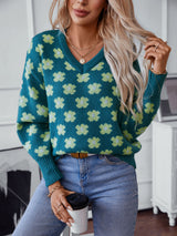 Flower Jacquard V-neck Sweater