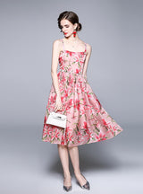 Slim-fit Mid-length Printed Suspenders Dress