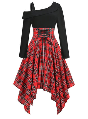 Irregular Plaid Long Sleeve Stitching Dress