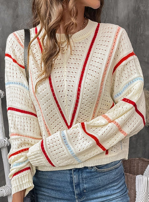 Colored Striped Round Neck Pullover Sweater