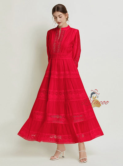 Retro Lace Stitching V-neck Lantern Sleeve Dress