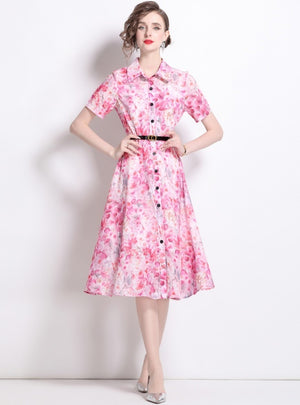 Printed Silm Waist Shirt Dress with Belt