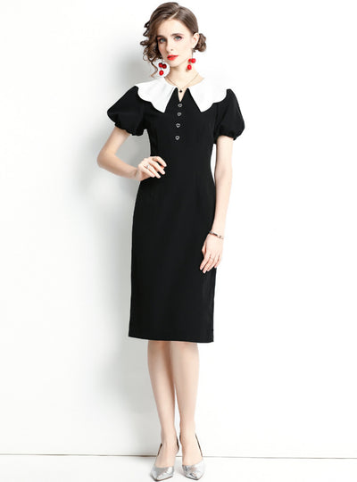 Retro Lantern Sleeve Slim Short Sleeve Black Dress