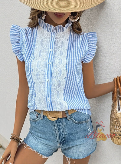 Summer Striped Lace Stitching Shirt