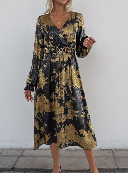 V-neck Long Sleeve Bronzing Dress