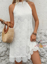 Women Sleeveless Halter White Dress