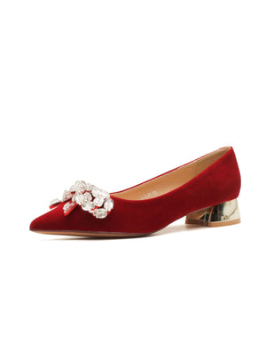 Thick Suede Bow Rhinestone Red Banquet Wedding Shoes