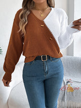 Casual V-neck Button Contrast Sweater