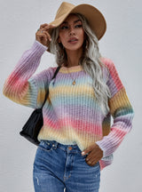 Pullover Striped Round Neck Rainbow Sweater