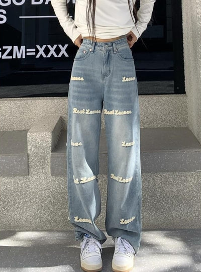 Letter Embroidered Straight Jeans