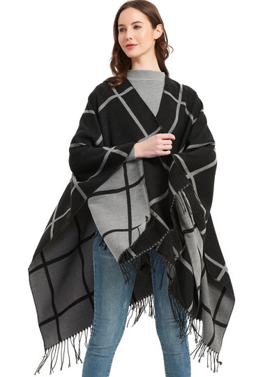 Black Double-sided Plaid Split Shawl